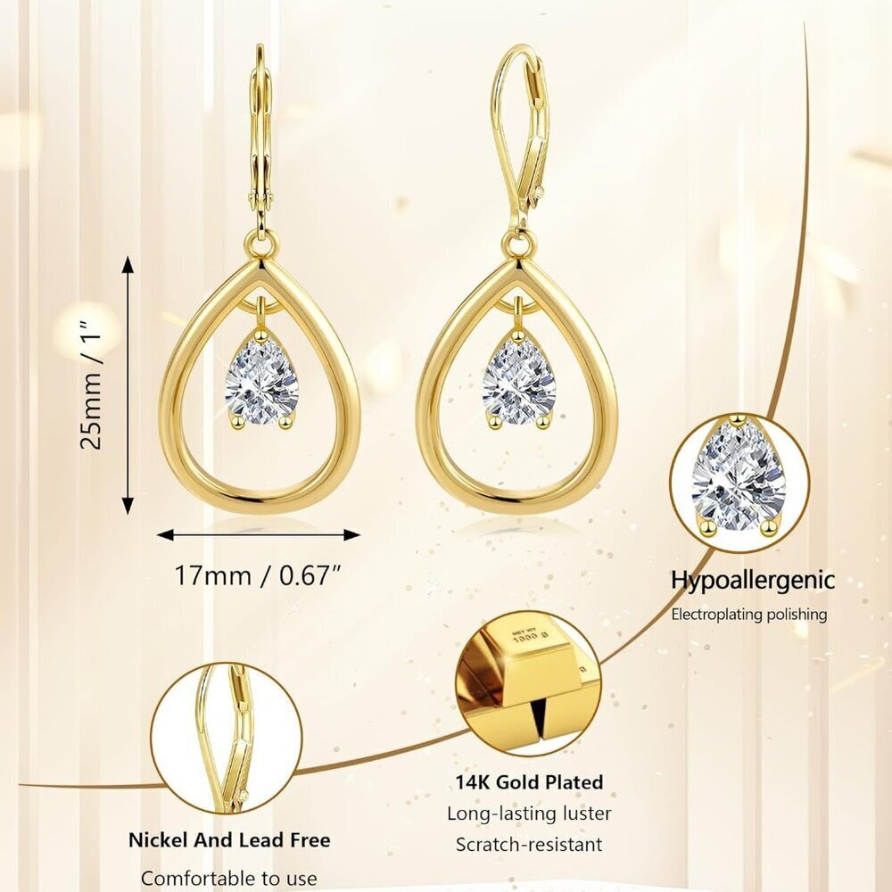 925 Silver 14K Gold CZ Teardrop Dangle Earrings, Bridal & Prom Gift Dangly Proms - Picture 2 of 6